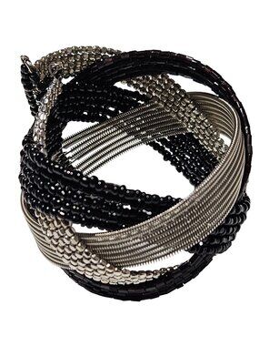 Goth Cuff Bracelet Multi Strand Black Silver Tone Seed Bead Woven Rocker Chic